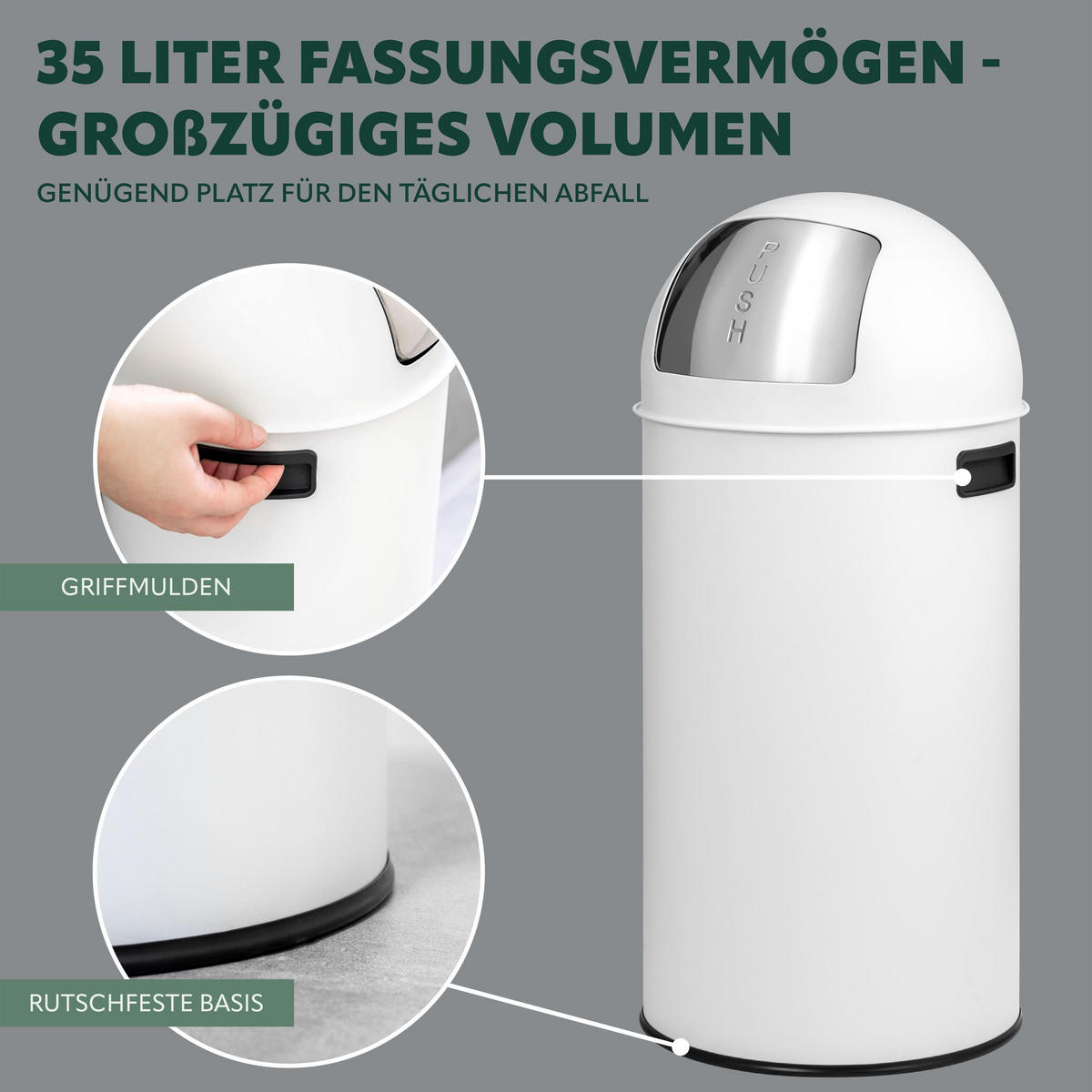 ABFALLEIMER Push-Deckel 35 L, weiß - Weiß, Metall (30.5/66.5/30.5cm) - eluno