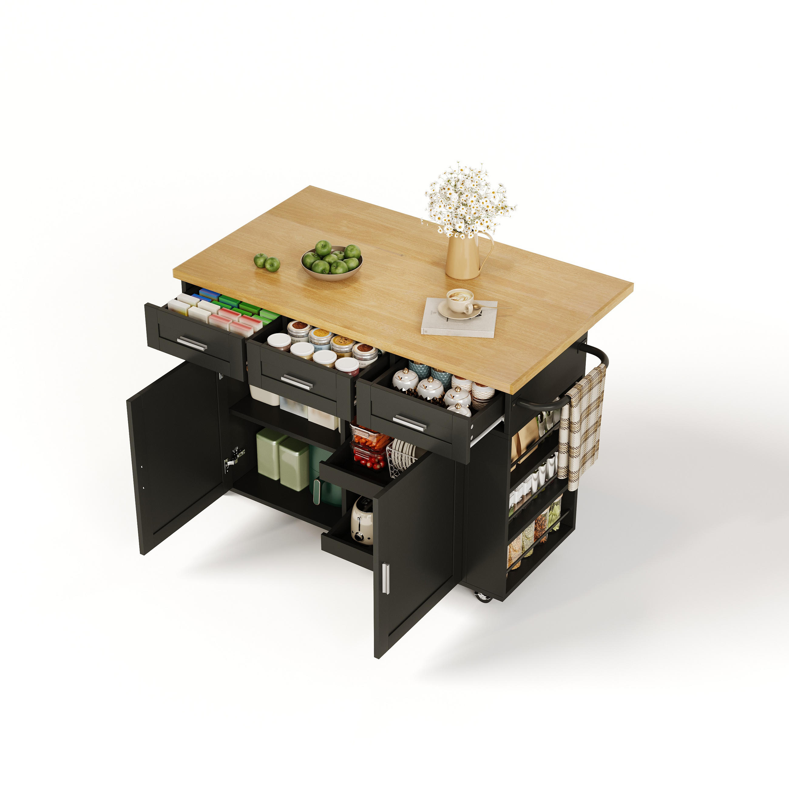 KÜCHENINSEL 84 cm MDF Natur Schwarz mit Klappbarer Arbeitsplatte und USB-Steckdose - Schwarz, Holzwerkstoff (70/84/120cm) - Korfee