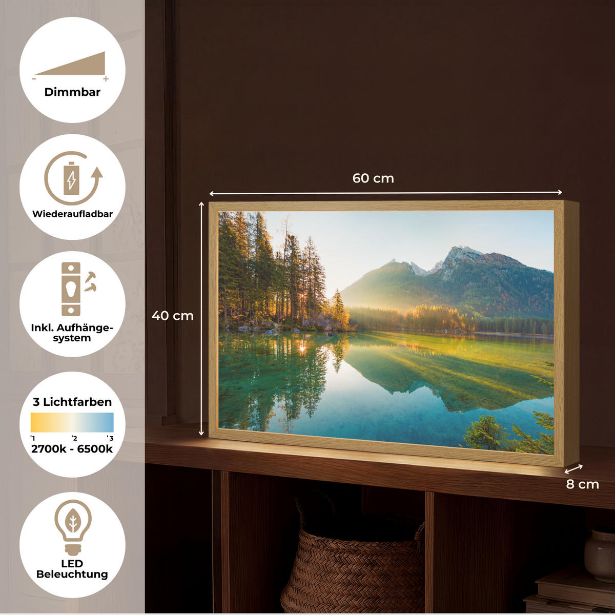 WANDLEUCHTE MIT AKKU See - Wald - Berge - Natur - Sonne - Landschaft 60x40 cm - Grün, Holzwerkstoff (60/40/8cm) - OnlyWow