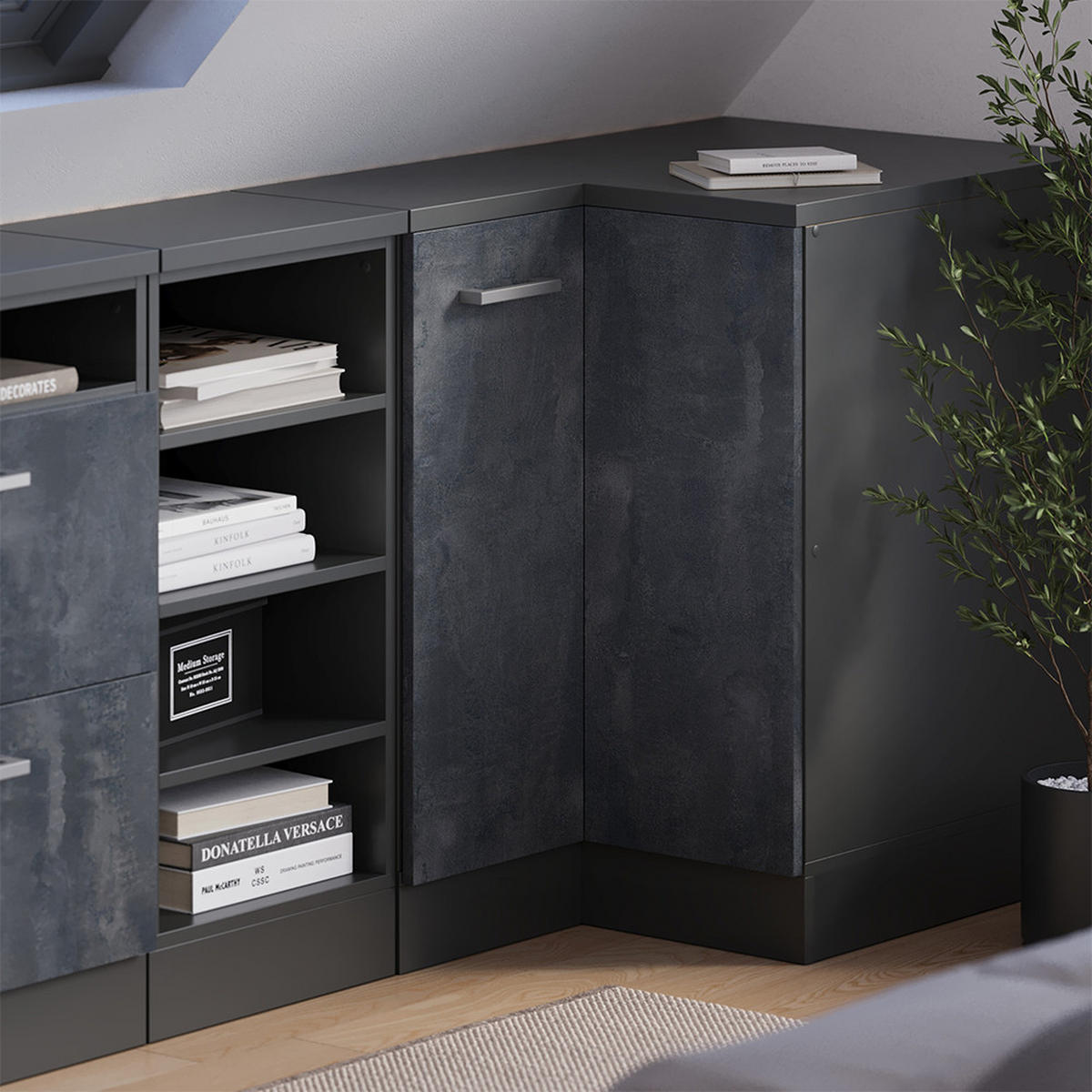 KOTNA KUHINJSKA OMARA ZA POŠEVNE STREHE R-Line Črni beton 75.6 cm z 1 vrati, korpus omare globina 60 cm - črna/antracit, leseni material (75.6/83.8/60cm) - Vicco