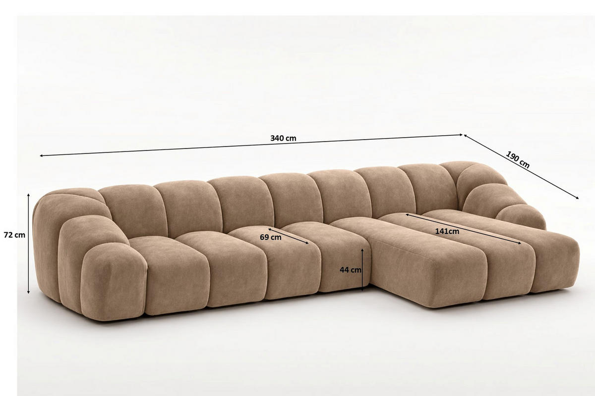 ECKSOFA Modulare L-Form, Veloursstoff Bluvel, Latte, Rechts, CROISSANT XL - Hellbraun, Holz (340/190cm) - Kaiser Möbel