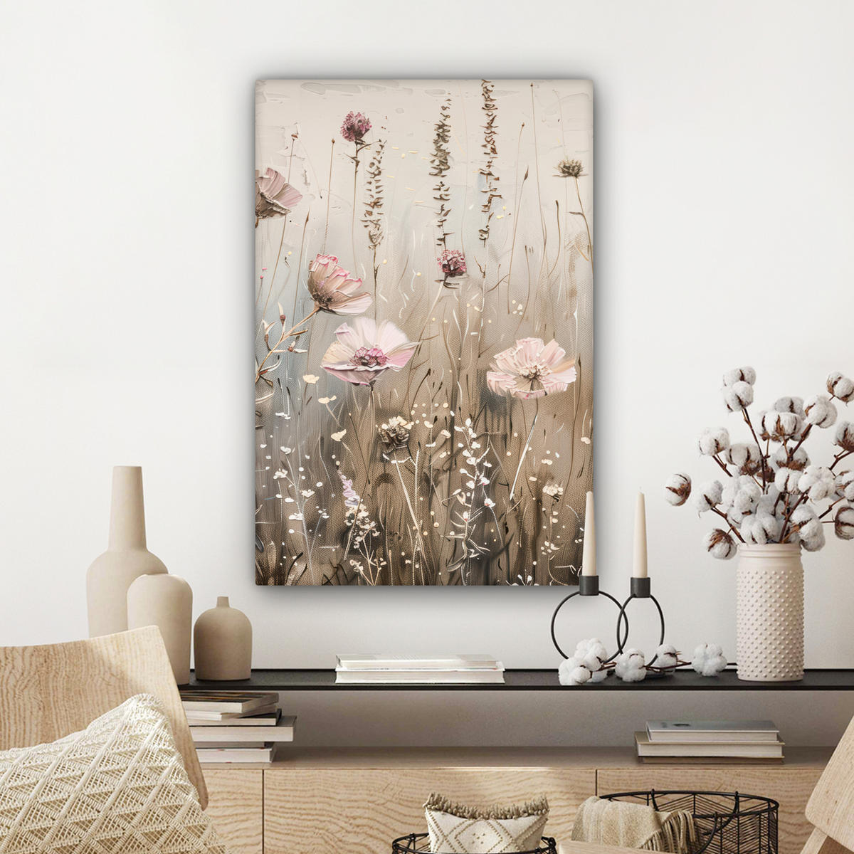 LEINWANDBILD Blumen - Rosa - Modern - Beige Wanddeko Schlafzimmer 60x90 cm - Beige, Textil (60/90cm) - MuchoWow