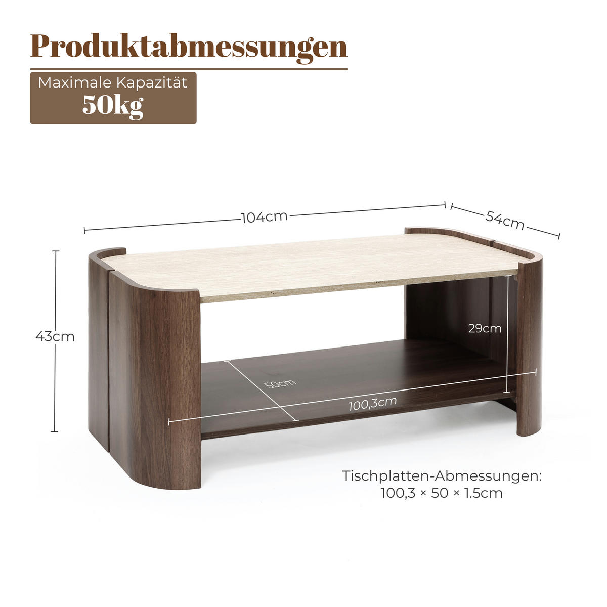 COUCHTISCH Holz Walnuss mit Travertin-Optik, 104 × 54 × 43 cm - Walnussfarben, Holzwerkstoff (54/104/43cm) - Hometopia