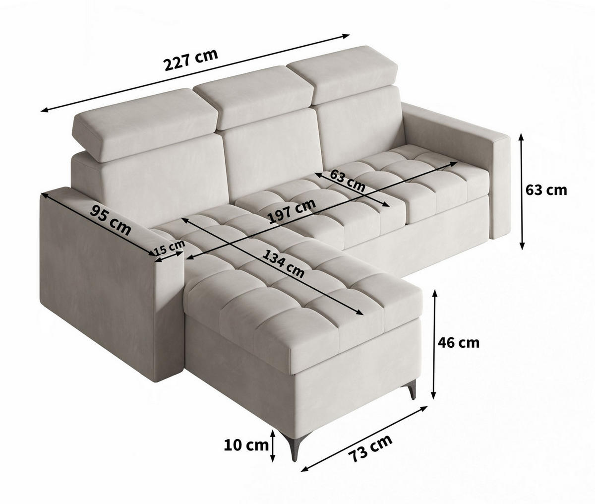 ECKSOFA KAME Beige Plüsch-Stoff mit Schlaffunktion - Beige, Holz (227/168cm) - MASSENO