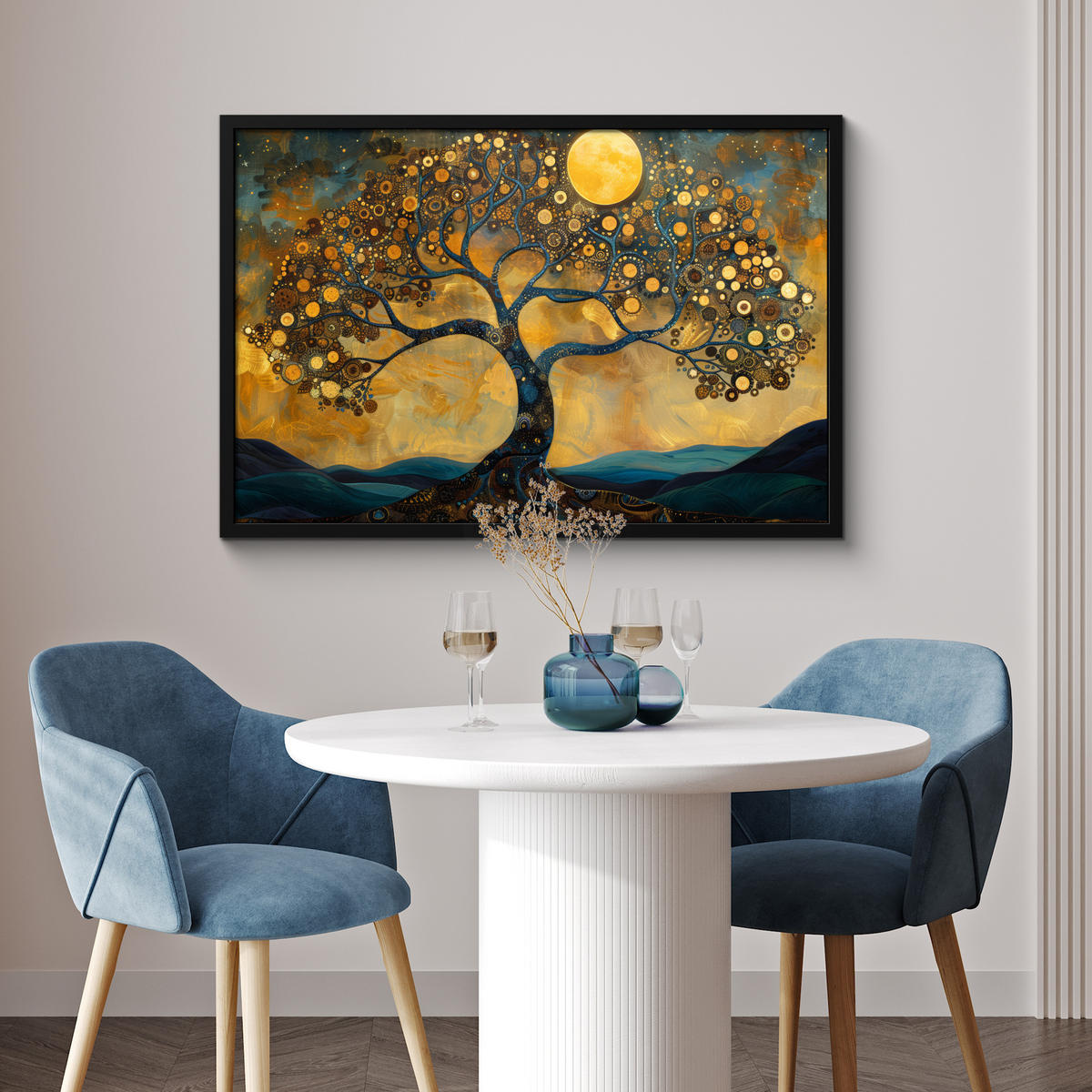 POSTER MIT RAHMENGERAHMTES BILD Baum - Mond - Blumen - Gold - Kunst 90x60 cm - Orange, Papier (90/60cm) - MuchoWow