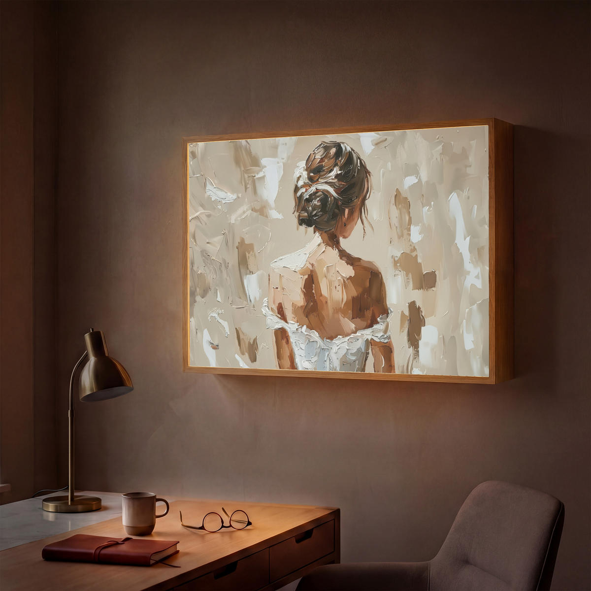 NÁSTĚNNÁ LAMPA S AKUMULÁTOREM Žena - malba - abstraktní - béžová - moderní 100x70 cm - světle hnědá, kompozitní dřevo (100/70/8cm) - OnlyWow