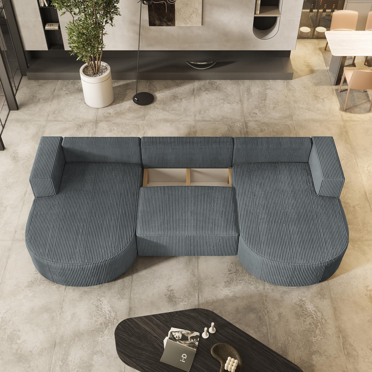 WOHNLANDSCHAFT VEZZO P Grau Kordstoff mit Schlaffunktion - Grau, Holz (347/85/174cm) - MASSENO