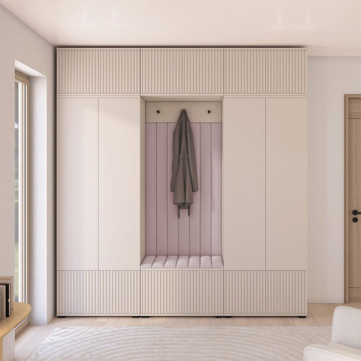 GARDEROBE Ritmo version 3 mit POLSTERPANEELEN ROSA - Beige/Rosa, Holzwerkstoff (210/225/45cm) - Jerpax