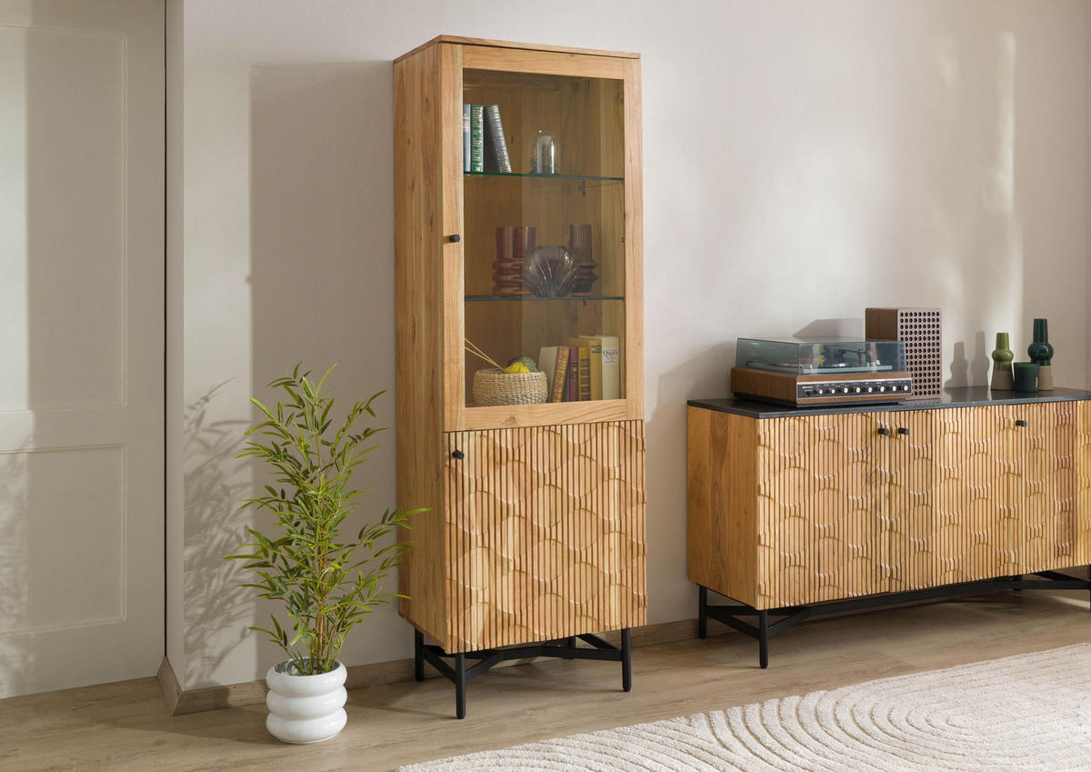 VITRINE Akazie 60x40x180 natur lackiert LONDON #115 - Braun, Holz (60/180/40cm) - Massivmoebel24