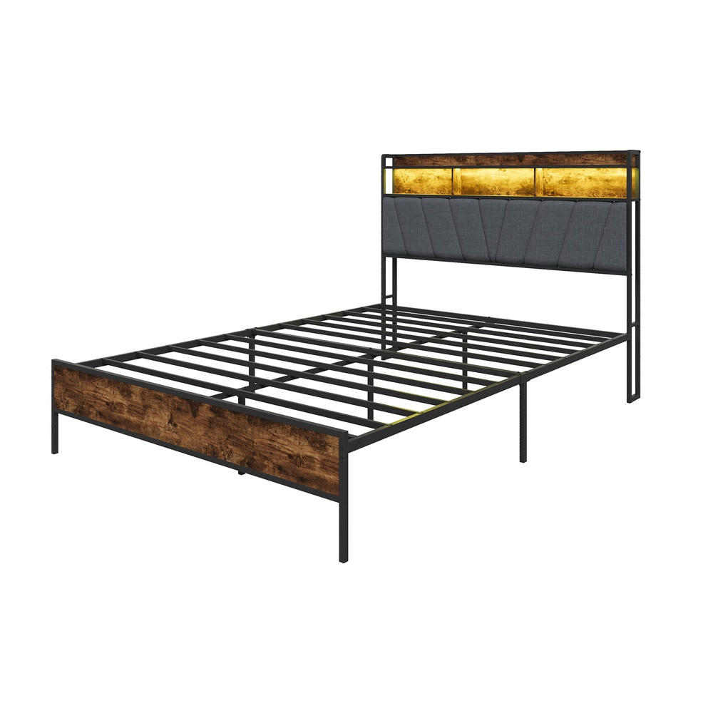 METALLBETT 160x200 cm mit LED Beleuchtung - Kopfteil-Stauraum - USB- und USB-C - Schwarz+Grau - ohne Matratze - Schwarz, Metall (160/200cm) - DELFA