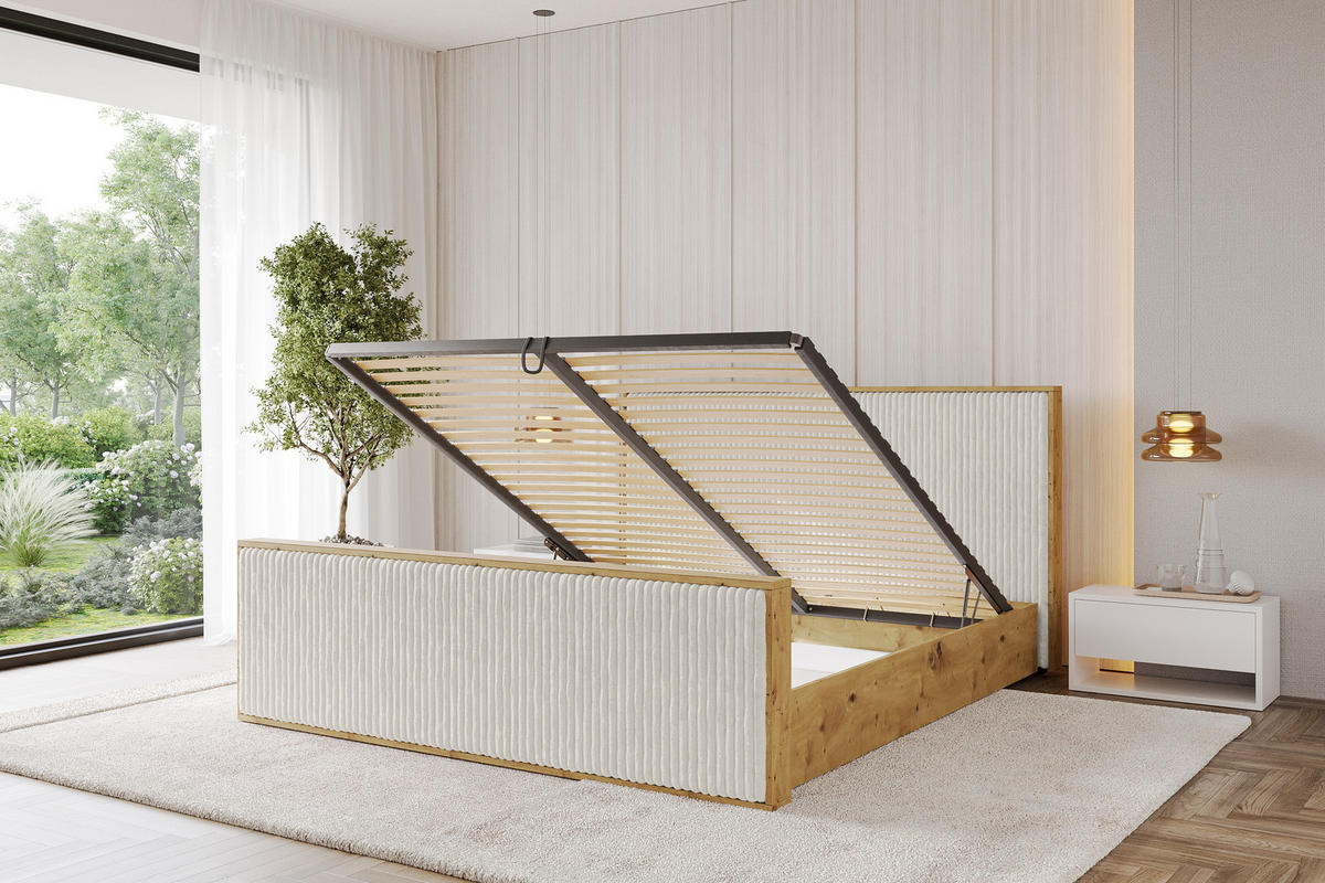 POLSTERBETT mit Bettkasten und Lattenrost, Boxbett mit Stauraum und Kopftei mit Matratze H3/H4 - ENZO10 120x200 Creme - Creme, Holzwerkstoff/Textil (120/200cm) - ALTDECOR