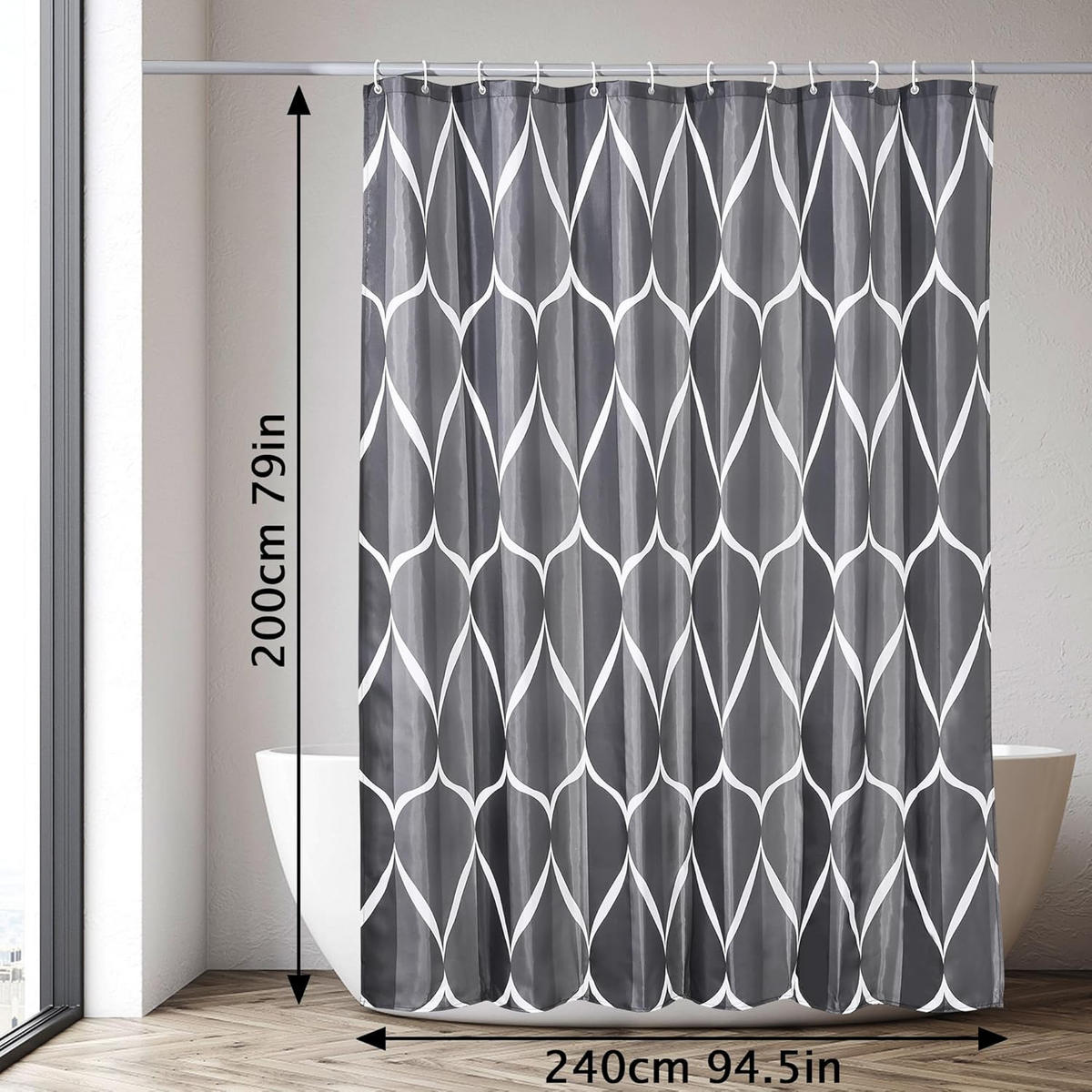 DUSCHVORHANG Schwarz Polyester wasserdicht maschinenwaschbar mit Haken - Schwarz, Kunststoff (240/200cm) - MCBOSON