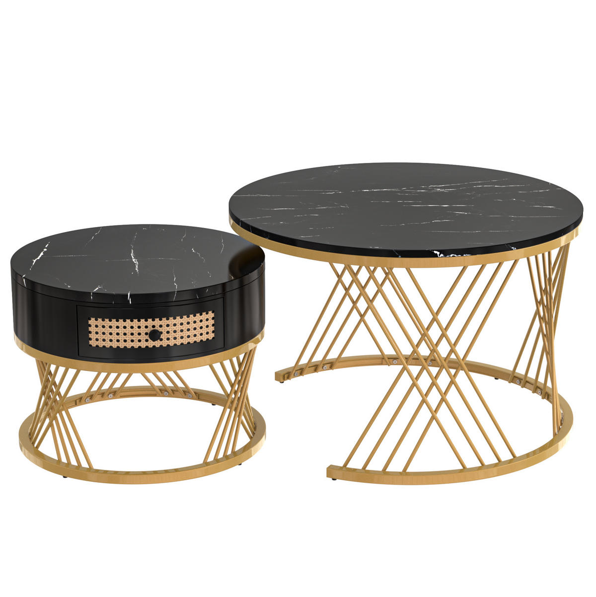 COUCHTISCH-SET 70/70/45,5 + 50/50/38,5 cm mit Schublade, Marmordekor und Rattanoptik, Schwarz/Gold - Schwarz, Holzwerkstoff (70/70/45.5cm) - Redom