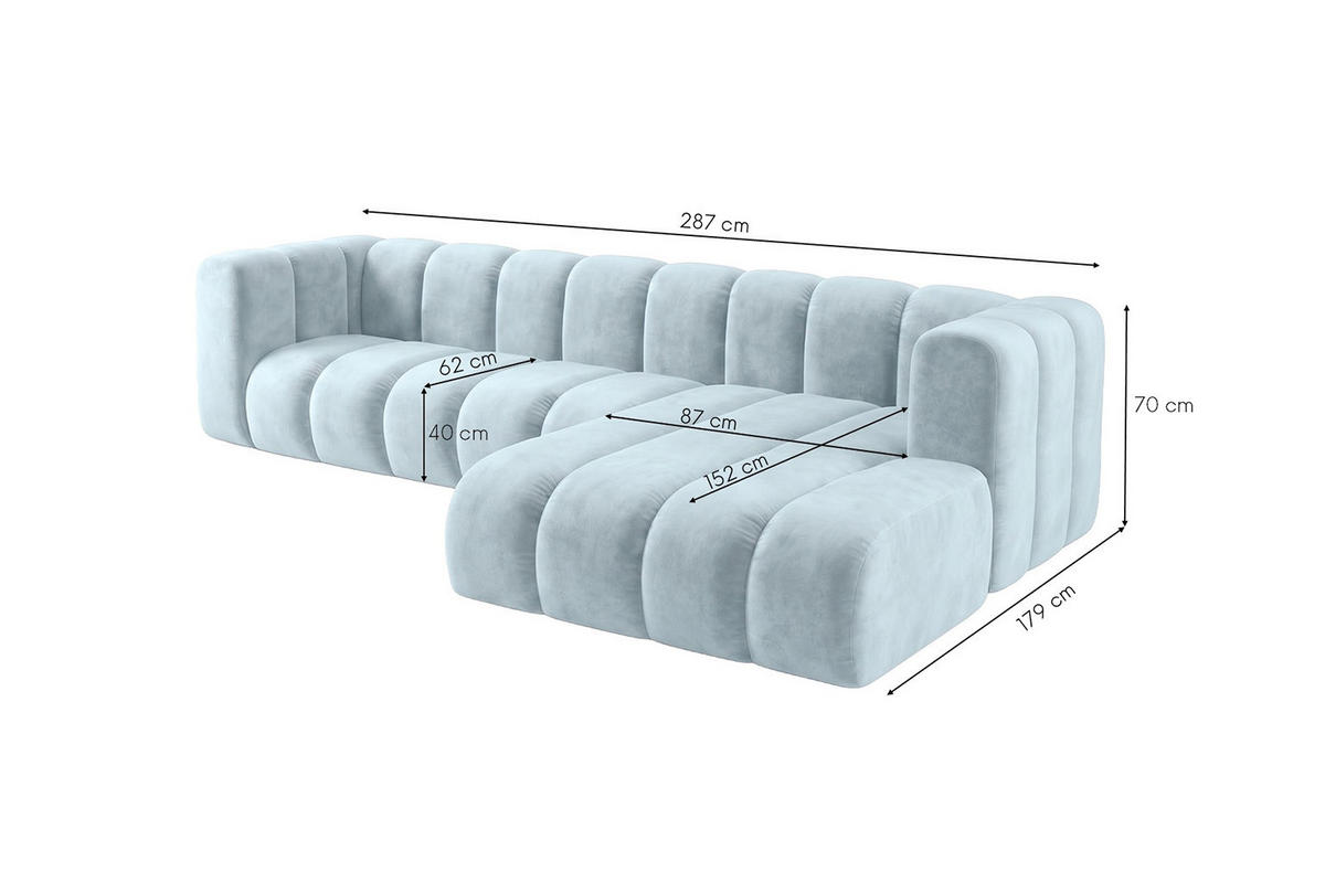 ECKSOFA Modulares In L-Form, Velvet-Stoff Riviera, Babyblau, Rechts, GRAND 287 cm - Hellblau, Holz (287/179cm) - Kaiser Möbel