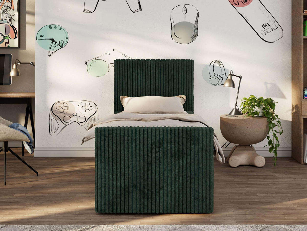 JUGENDBETT TILIO DUO 90/200 - Dunkelgrün Cord - H4 - Rechts Seite - Dunkelgrün, Textil (90/200cm) - MKS