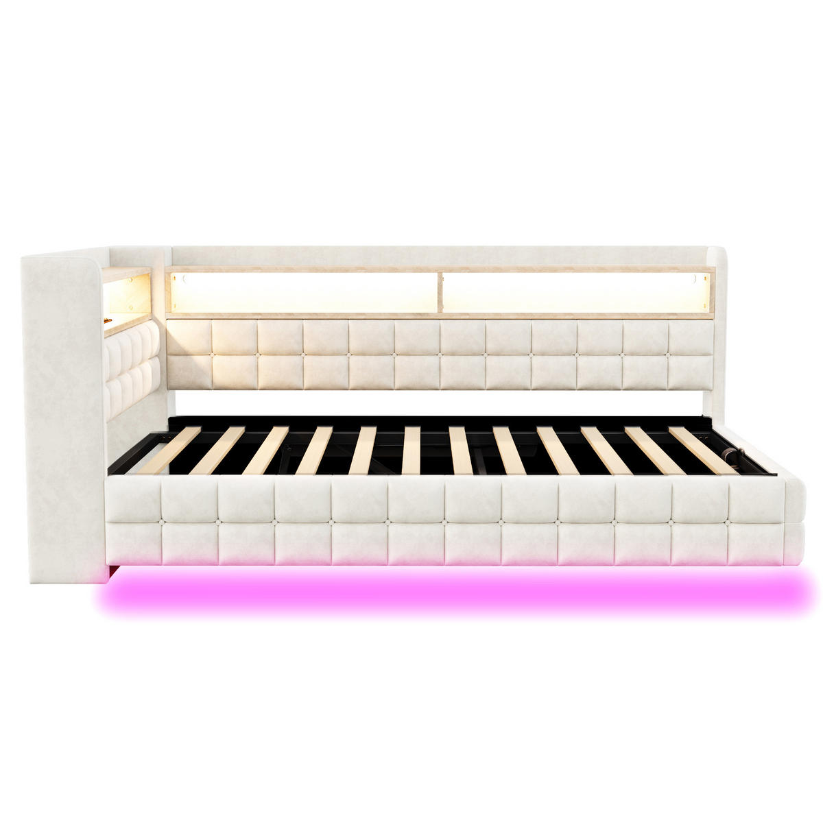 POLSTERBETT aus Samtstoff 90x200 cm Beige mit LED, USB-/Typ-C-Anschluss, Steckdose und hydraulischem Bettkasten - Beige, Textil (90/200cm) - Modfu