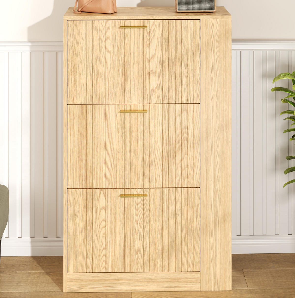 SCHUHSCHRANK aus MDF 70x23,5x115cm in Natur mit 3 Türen - Naturfarben, Holzwerkstoff (70/115/23.5cm) - Modfu