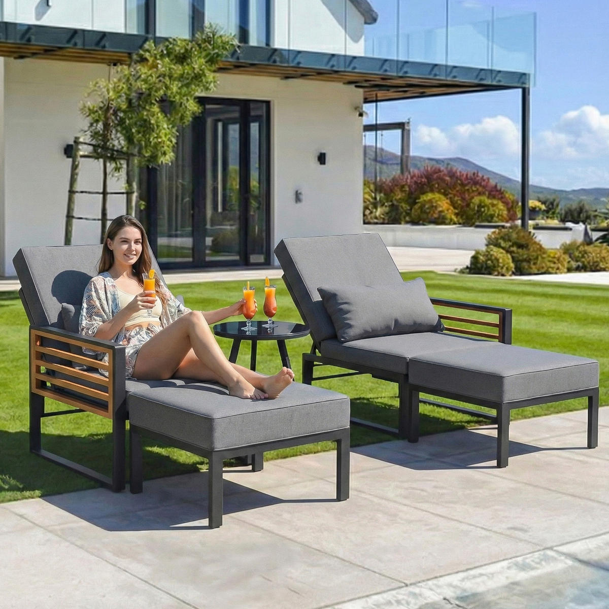 DOPPELLIEGE 2-4 Personen Mit Verstellbarer Rückenlehne Inkl. Kissen - Grau, Metall - FLIEKS