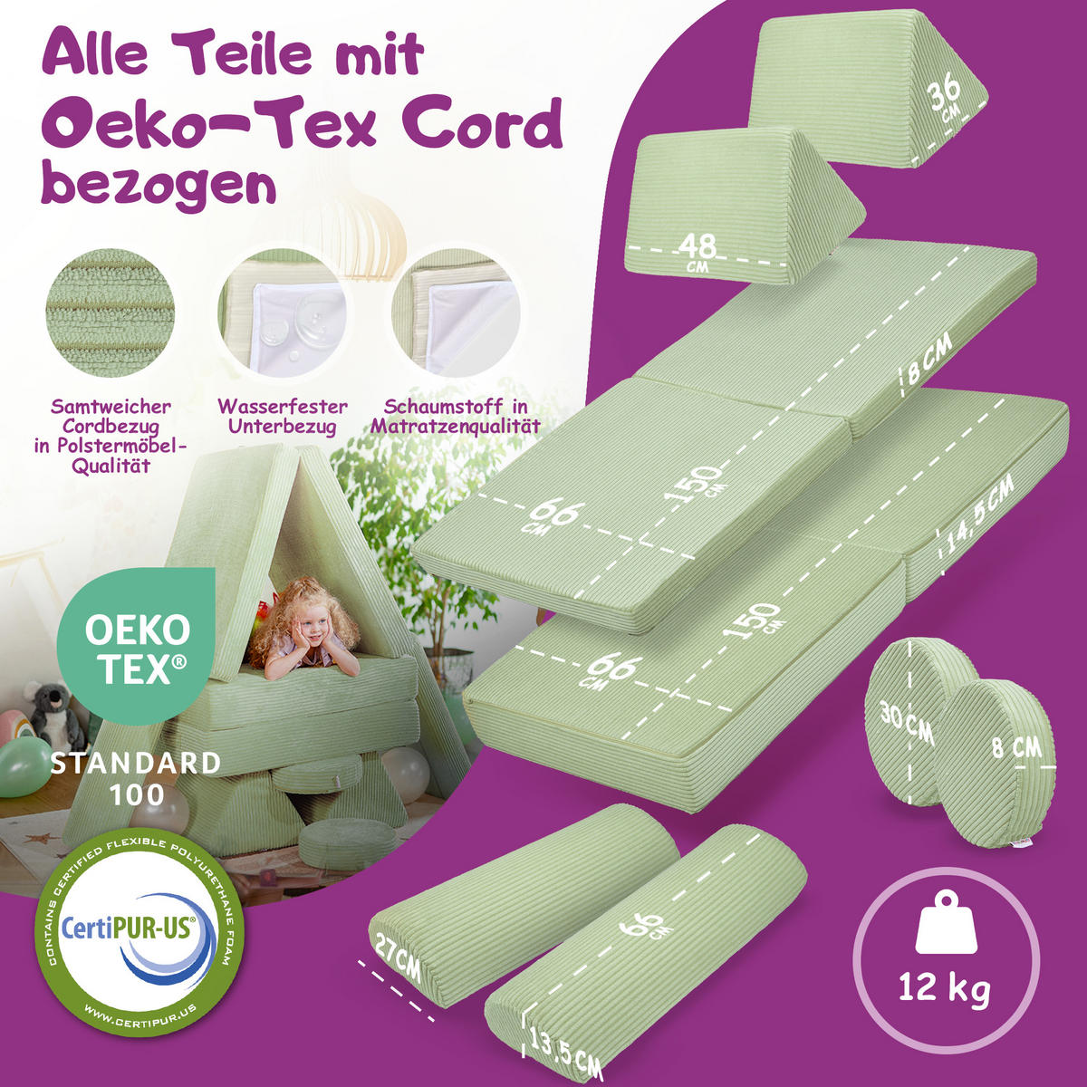 SPIELSOFA Kinder Fantasiewelt 8tlg - Grün, Textil (150/55/66cm) - Linodino
