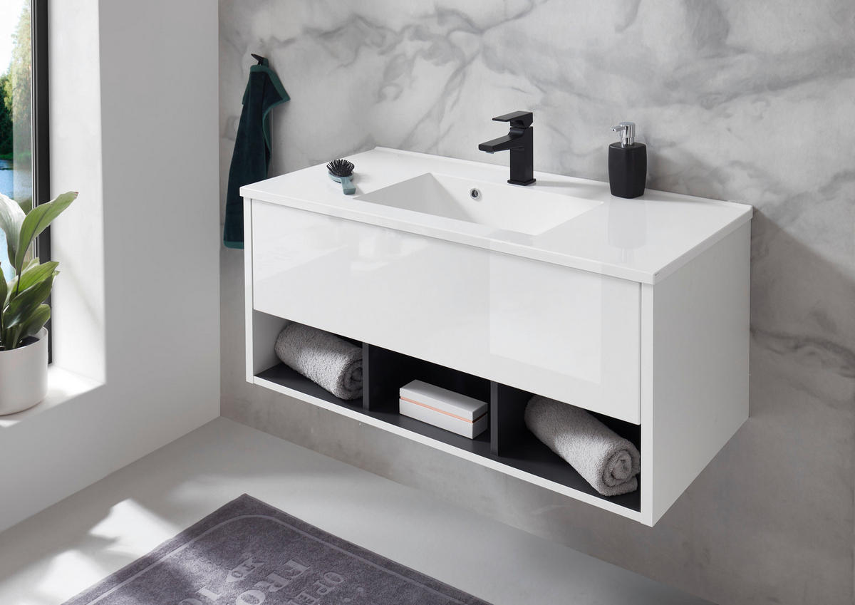 WASCHTISCH M20 Weiß Hochglanz & Anthrazit 100/42/46 cm breit ohne Waschbecken - Weiß Hochglanz/Anthrazit, Holzwerkstoff (100/42/46cm) - Livojo