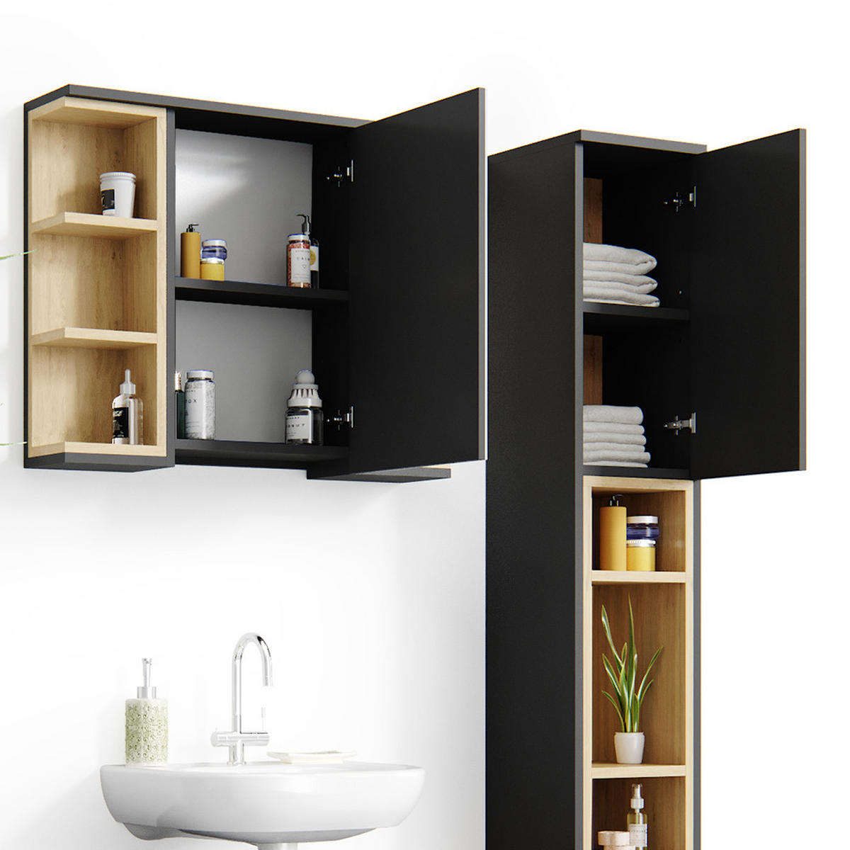 BADMÖBEL-SET Aquis Anthrazit 3 Teile, mit Hochschrank - Anthrazit/Sonoma Eiche, Holzwerkstoff (79.6/64/32cm) - Vicco