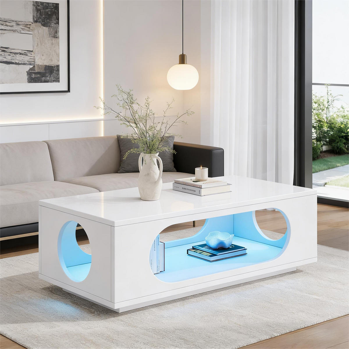 COUCHTISCH LED Weiß App-Steuerung 100x50x35cm MDF Stauraum - Weiß, Holzwerkstoff (100/50/35cm) - FLIEKS