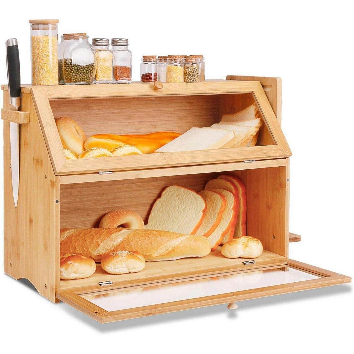BROTKASTEN Bambus 2 Etagen mit Schneidebrett 50 cm - Hellbraun, Naturmaterialien (25/37/50cm)