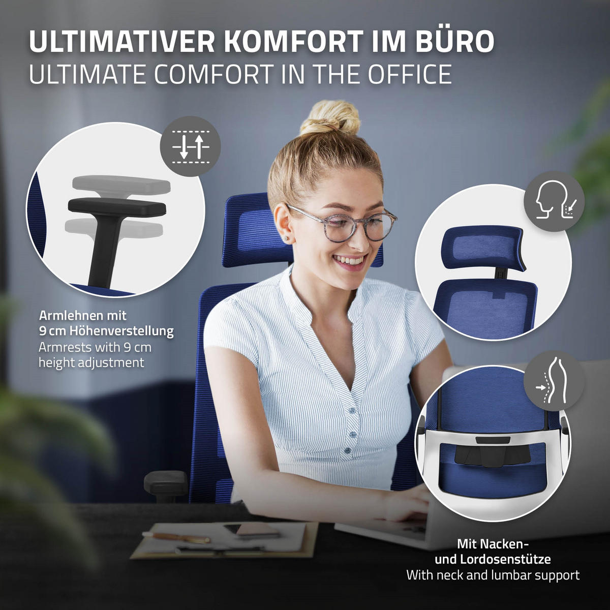 SCHREIBTISCHSTUHL Surpreme navy - Blau, Kunststoff (66/123/68cm) - ML-DESIGN