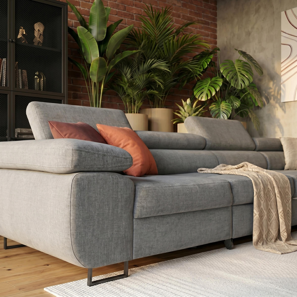 ECKSOFA WILD MAXI L Rechts mit Schlaffunktion 125x195 Velours Grau - Chromfarben/Grau, Holz/Textil (203/350cm) - Muffo