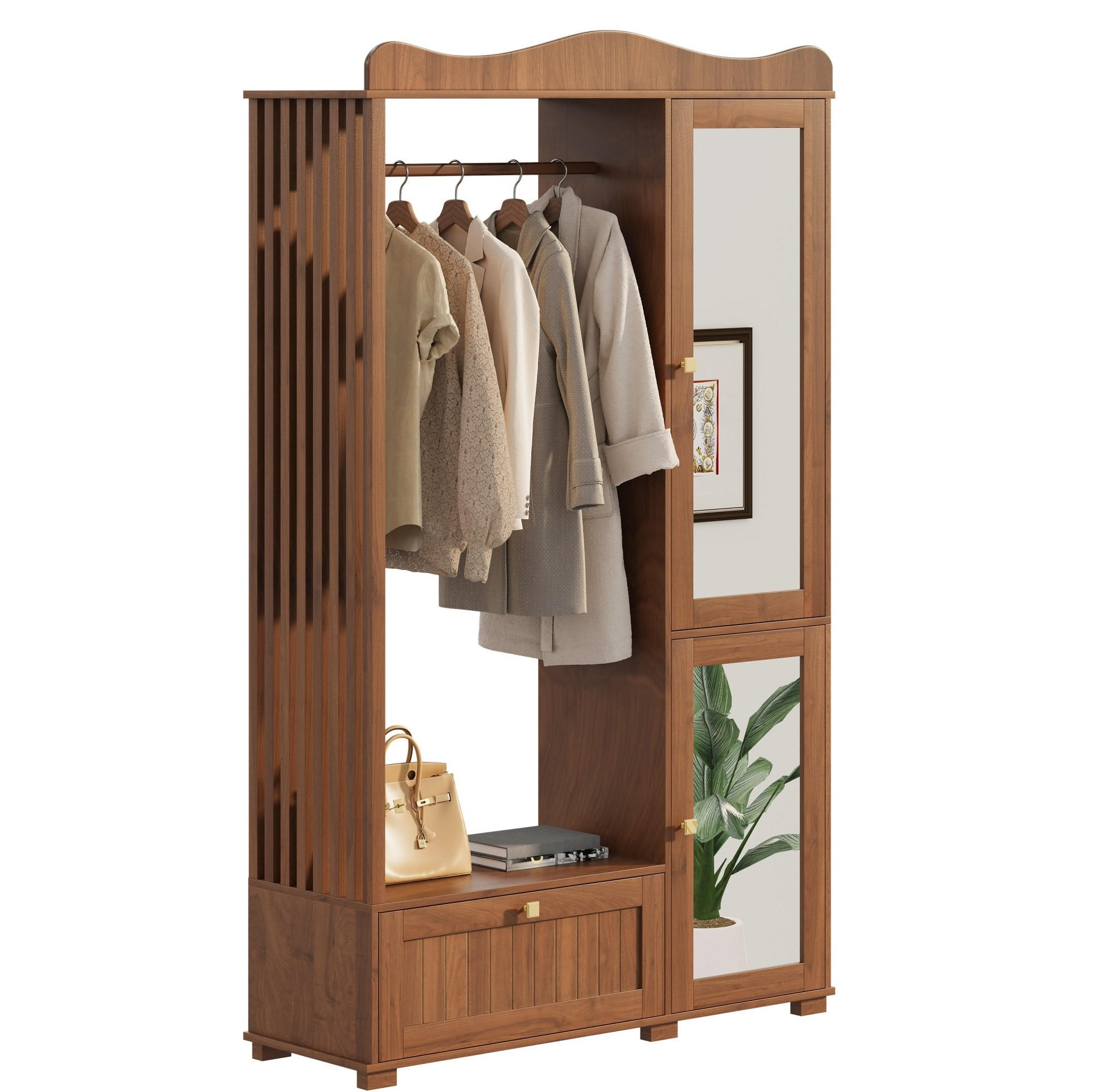 GARDEROBENSCHRANK 115,5/38,5/194,5 cm Nussbaum aus MDF mit Spiegel - Walnussfarben, Holzwerkstoff (115.5/194.5/38.5cm) - OKWISH
