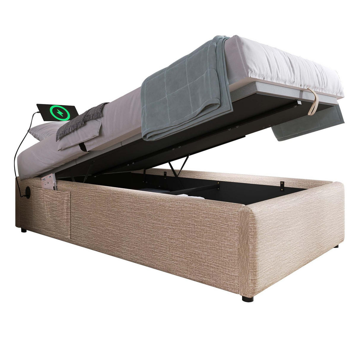 POLSTERBETT 90/190 cm mit Bettkasten und USB-C, ohne Kopfteil - Beige, Textil (90/190cm) - BEAOK