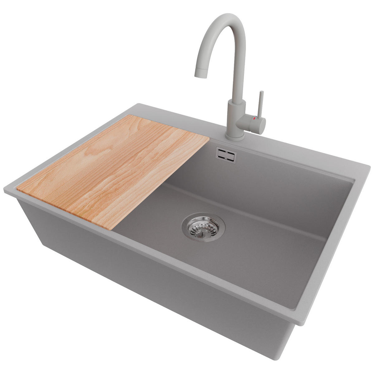 GRANITSPÜLE Oslo, 2-er set Grau 68/50 cm 1 Becken + Küchenarmatur 32/20 cm + Ablauf-Set + Schneidebrett ab 70er Unterschrank - Chromfarben/Beige, Kunststoff (68/20/50cm) - Primagran