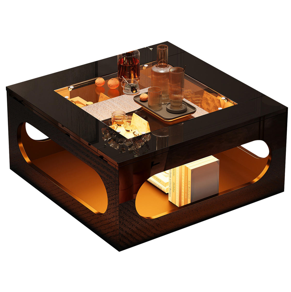 COUCHTISCH aus MDF und Glas 70x70x35 cm Schwarz mit LED-Beleuchtung, App-Steuerung und Stauraum - Schwarz, Holzwerkstoff (70/70/35cm) - Modfu