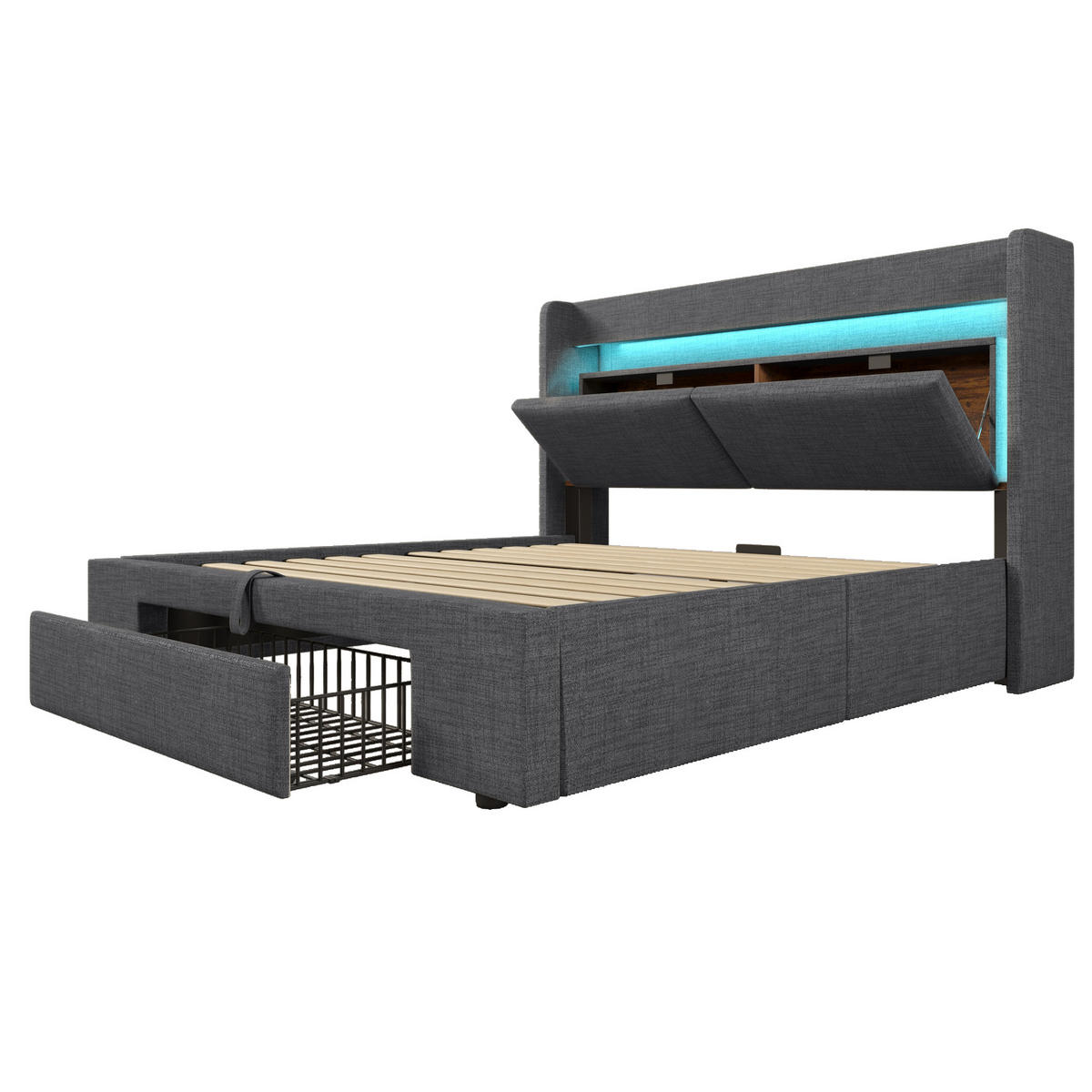 POLSTERBETT 160/200 cm mit LED, USB- und USB-C-Anschluss, hydraulischem Stauraum und Schublade, Leinen, Grau - Grau, Textil (160/200cm) - Redom
