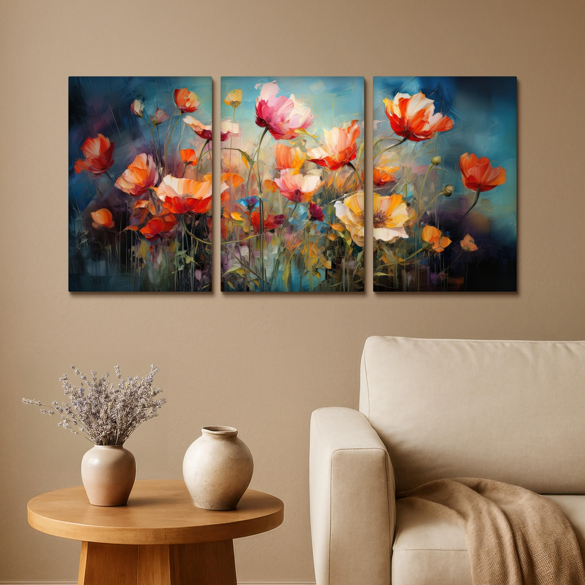 LEINWANDBILD 3er Set Blumen - Bunt - Abstrakt 120x60 cm - Blaugrau, Textil (120/60cm) - MuchoWow