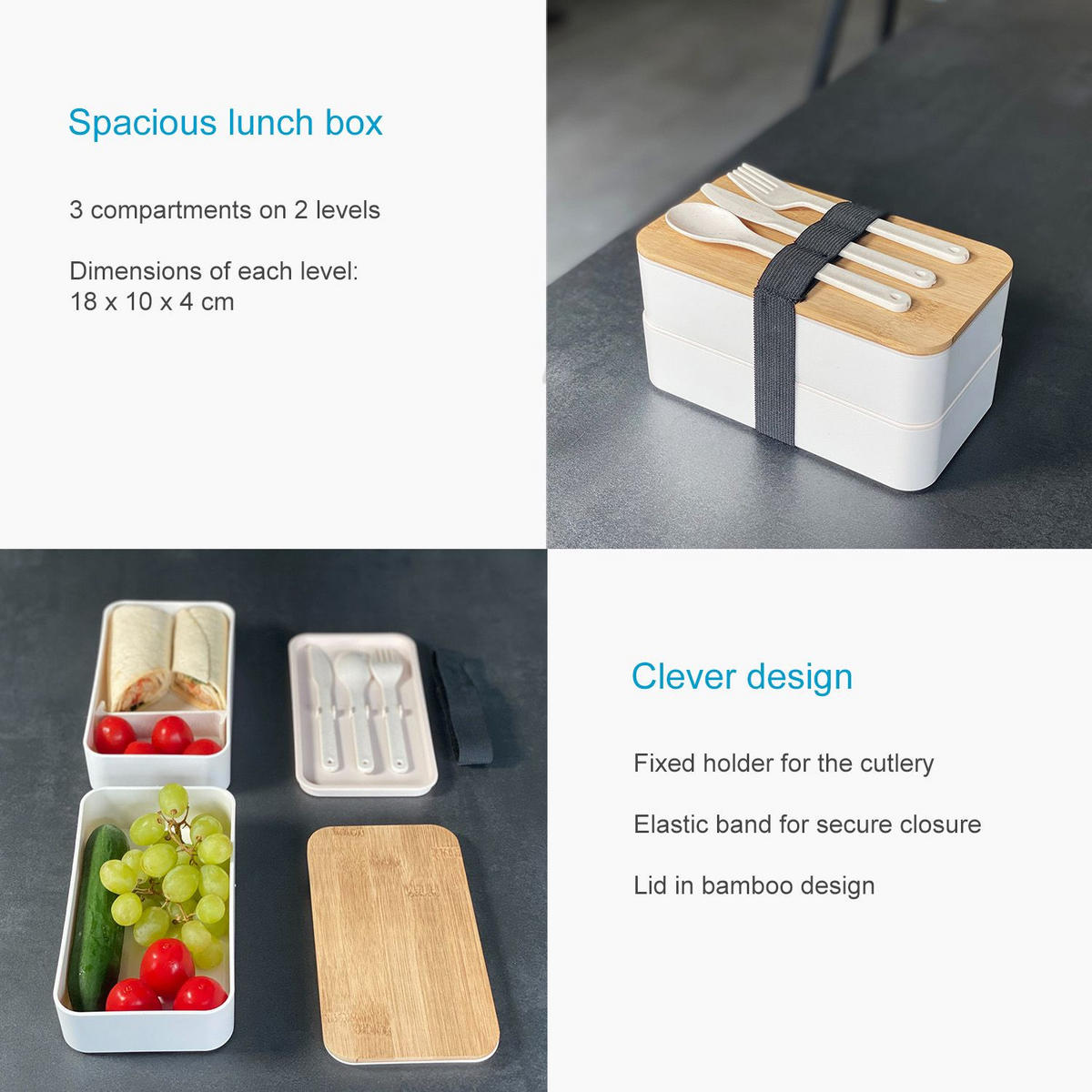 LUNCH BROTBOX mit Messer Gabel Löffel - Weiß, Naturmaterialien (10.5/9.3/18.5cm) - Intirilife