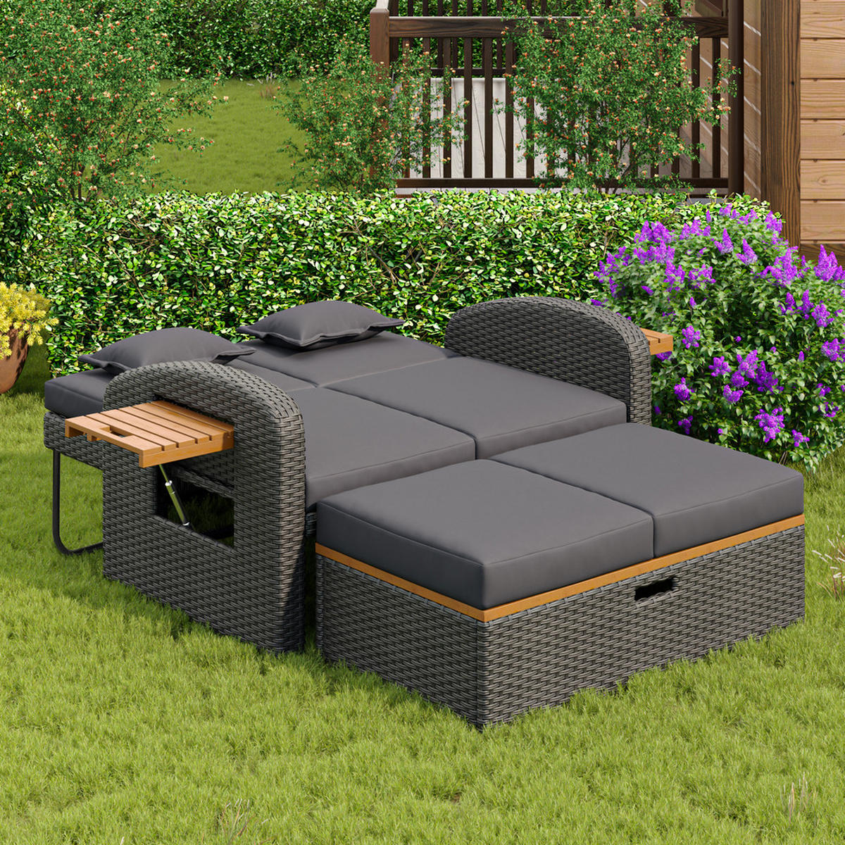 GARTENLOUNGE 2 Personen Grau Rattan verstellbar mit Hocker Kissen - Grau, Metall (53/29.21/84.8cm) - FLIEKS