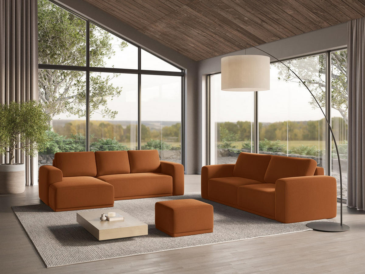 ECKSOFA mit Schlaffunktion Samt Stoff Orange - Terra cotta/Schwarz, Kunststoff/Textil (258/160cm) - Makamii