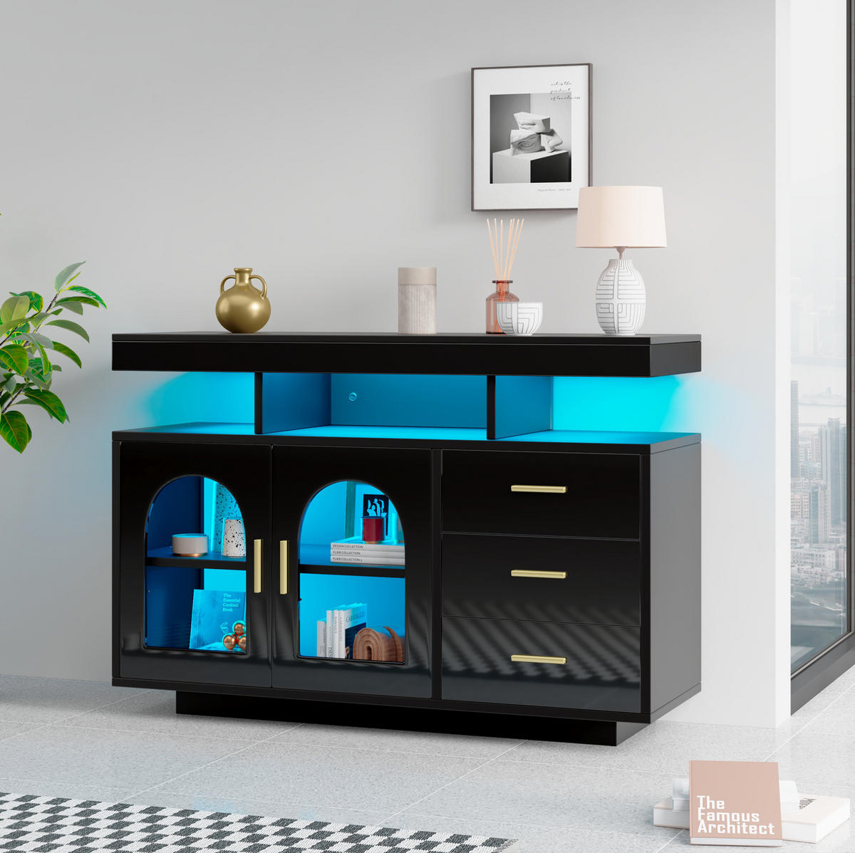 SIDEBOARD 120/40/80 cm aus Spanplatte mit Hochglanzfront und LED-Beleuchtung Schwarz - Schwarz, Holzwerkstoff (120/80/40cm) - Modenvie