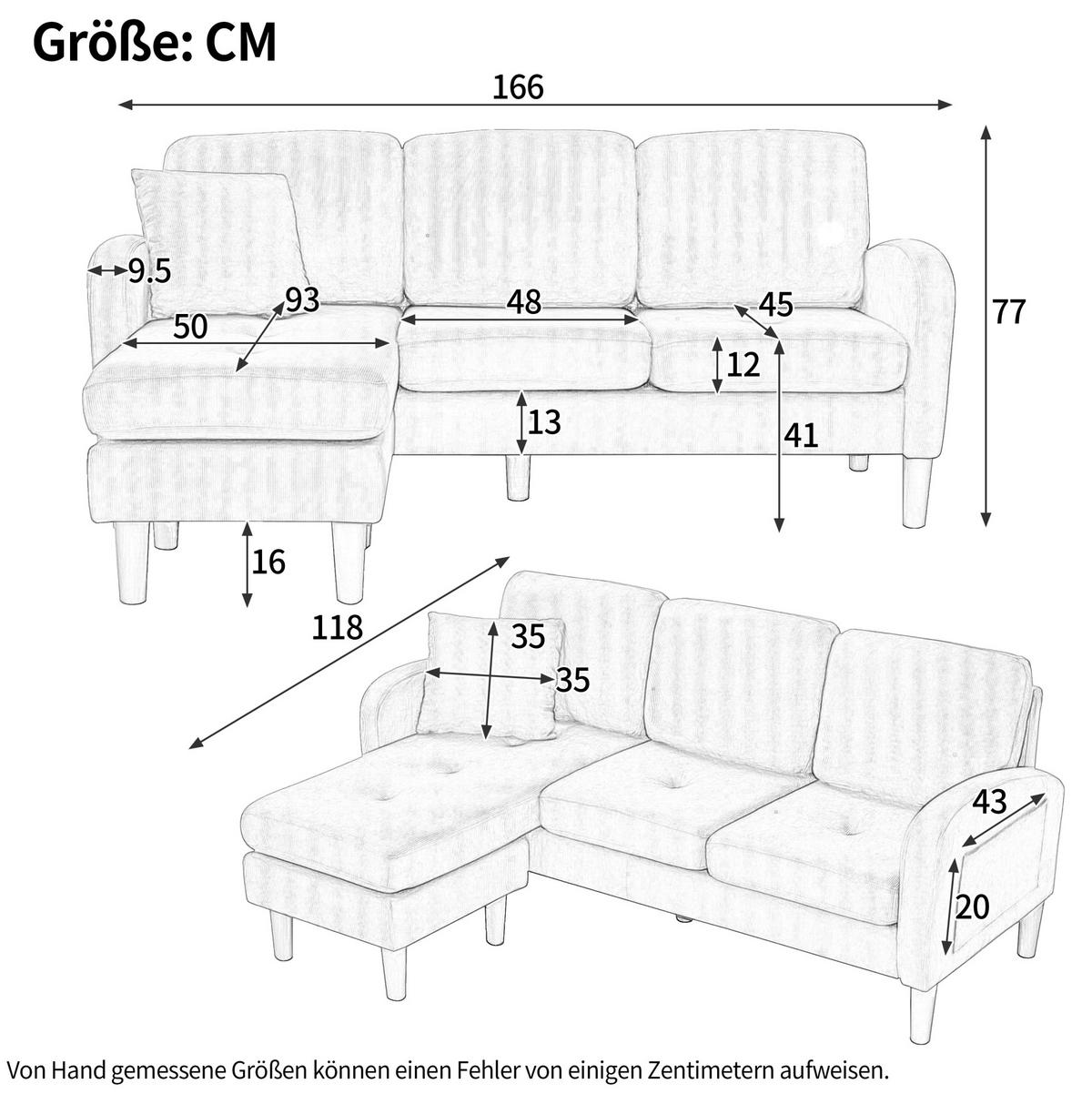 ECKSOFA 166/118/77 cm hellgrau aus Cord mit Chaiselongue - Graubraun, Kunststoff (118/166cm) - OKWISH