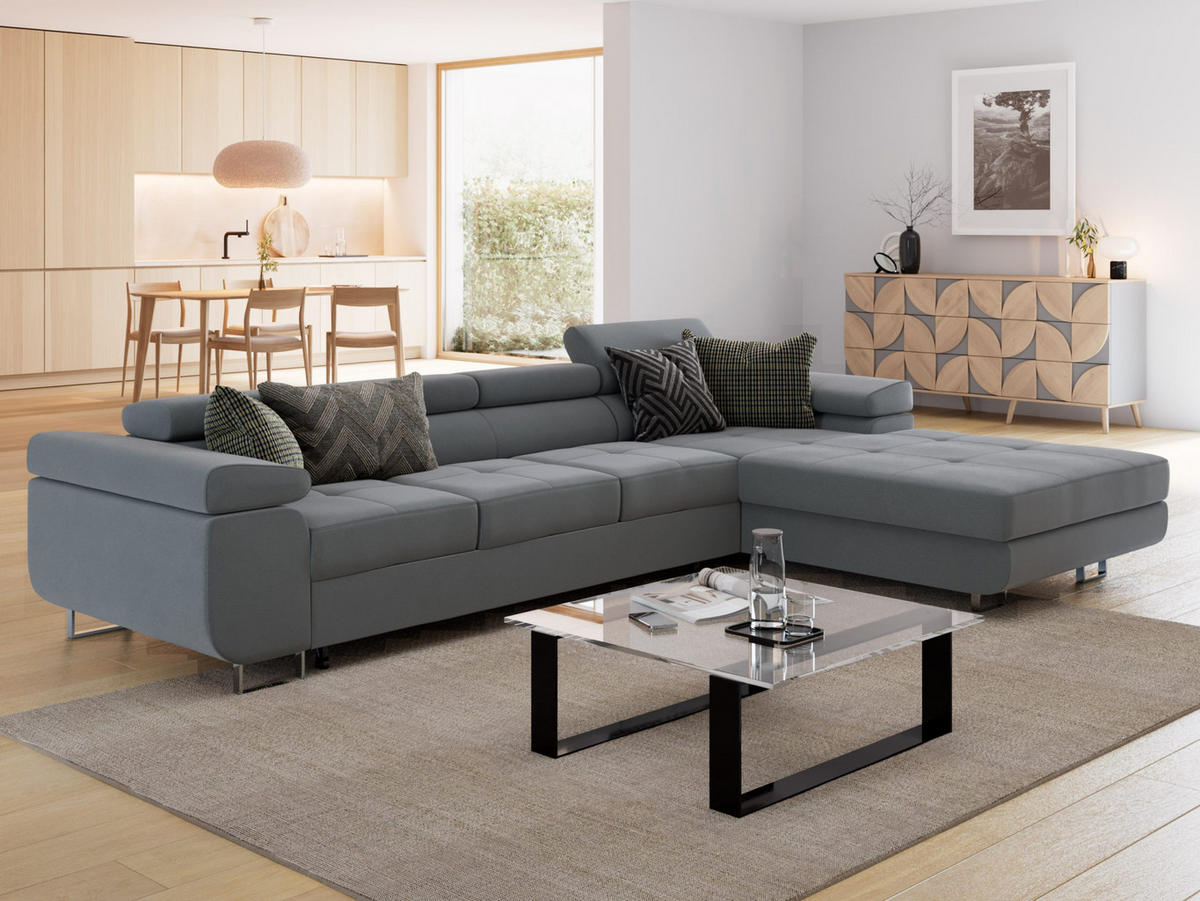 ECKSOFA VEMO CORE PLUS Rechts Schwarz Velours-Stoff mit Schlaffunktion und Bettkasten - Schwarz, Holz/Metall (335/205cm) - Barchello