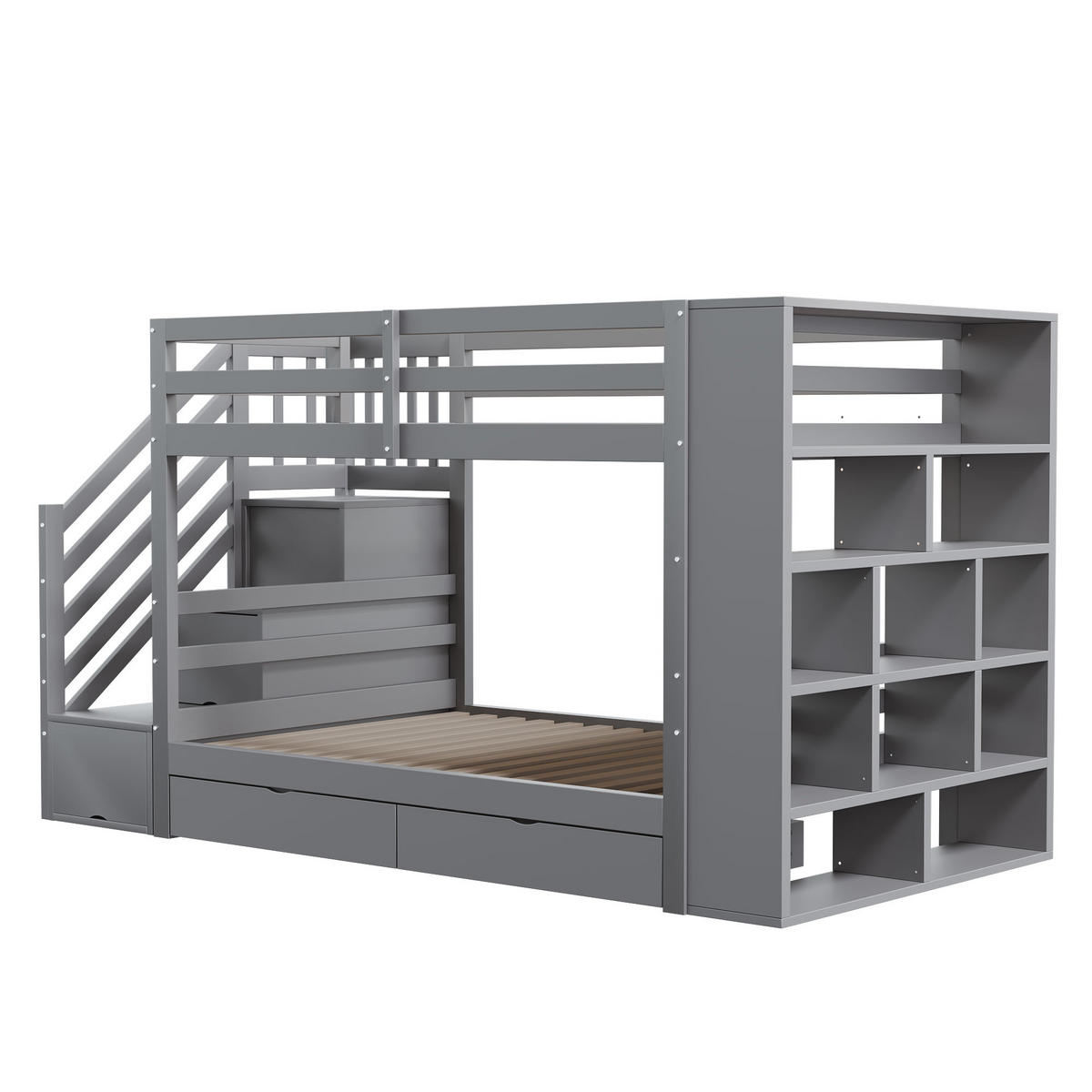 ETAGENBETT 90/200 cm Grau mit Sicherheitstreppe und Stauraum - Grau, Holz (90/200cm) - OKWISH