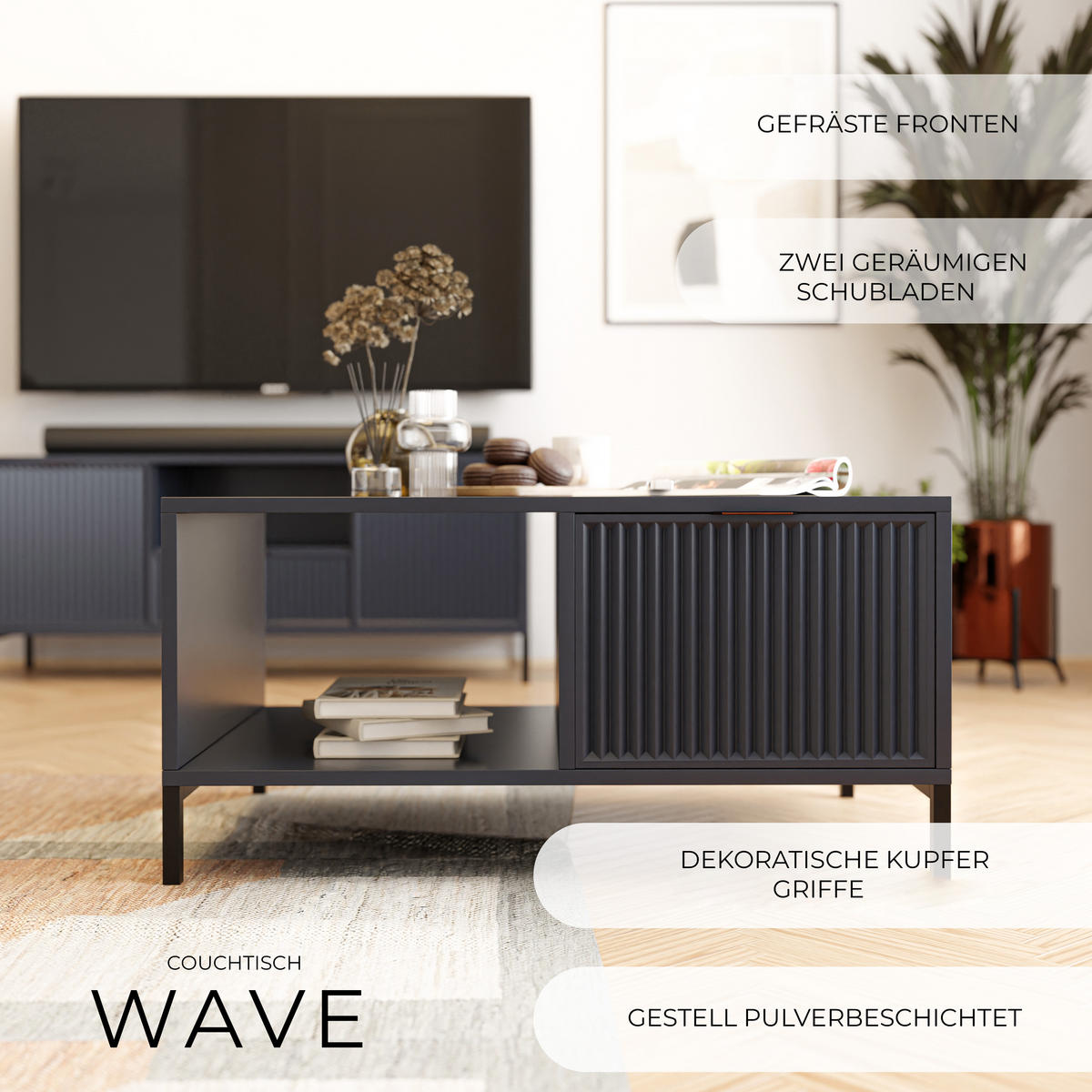 COUCHTISCH WAVE Modern mit Schublade, Blau - Schwarz/Dunkelblau, Holzwerkstoff/Metall (58/90/45.5cm) - Idohome