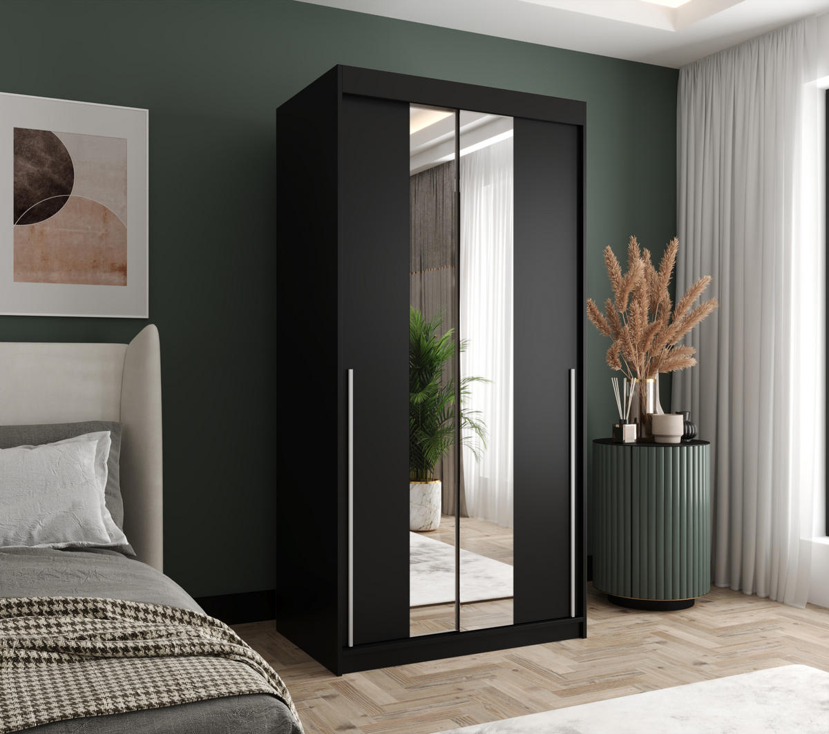 SCHIEBETÜRENSCHRANK mit Spiegel 100 cm Breite, schwarz mit silbernem Griff - Silberfarben/Schwarz, Holzwerkstoff (100/200/62cm) - Home Collective