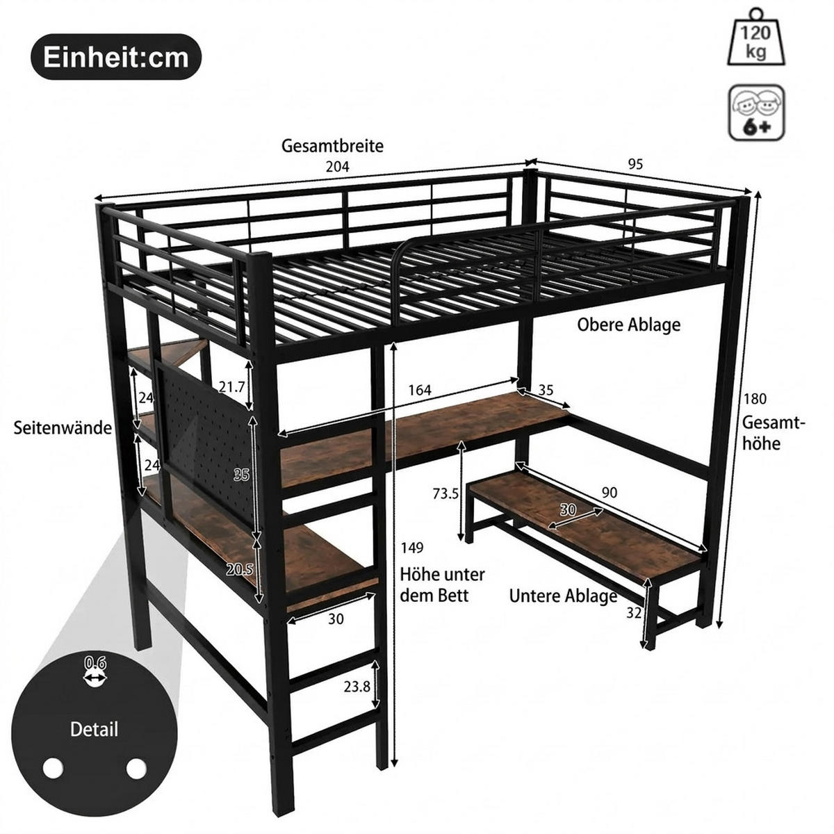 HOCHBETT 90/200 cm Schwarz mit Schreibtisch, mehrstöckiges Regal und LED-Lichtleiste - Schwarz, Metall (90/200cm) - Oxeza