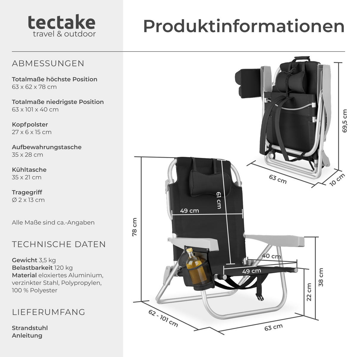 STRANDSTUHL Coral, rückseitige Kühltasche und Aufbewahrungstasche, schwarz - Schwarz, Kunststoff (63/78/101cm) - tectake