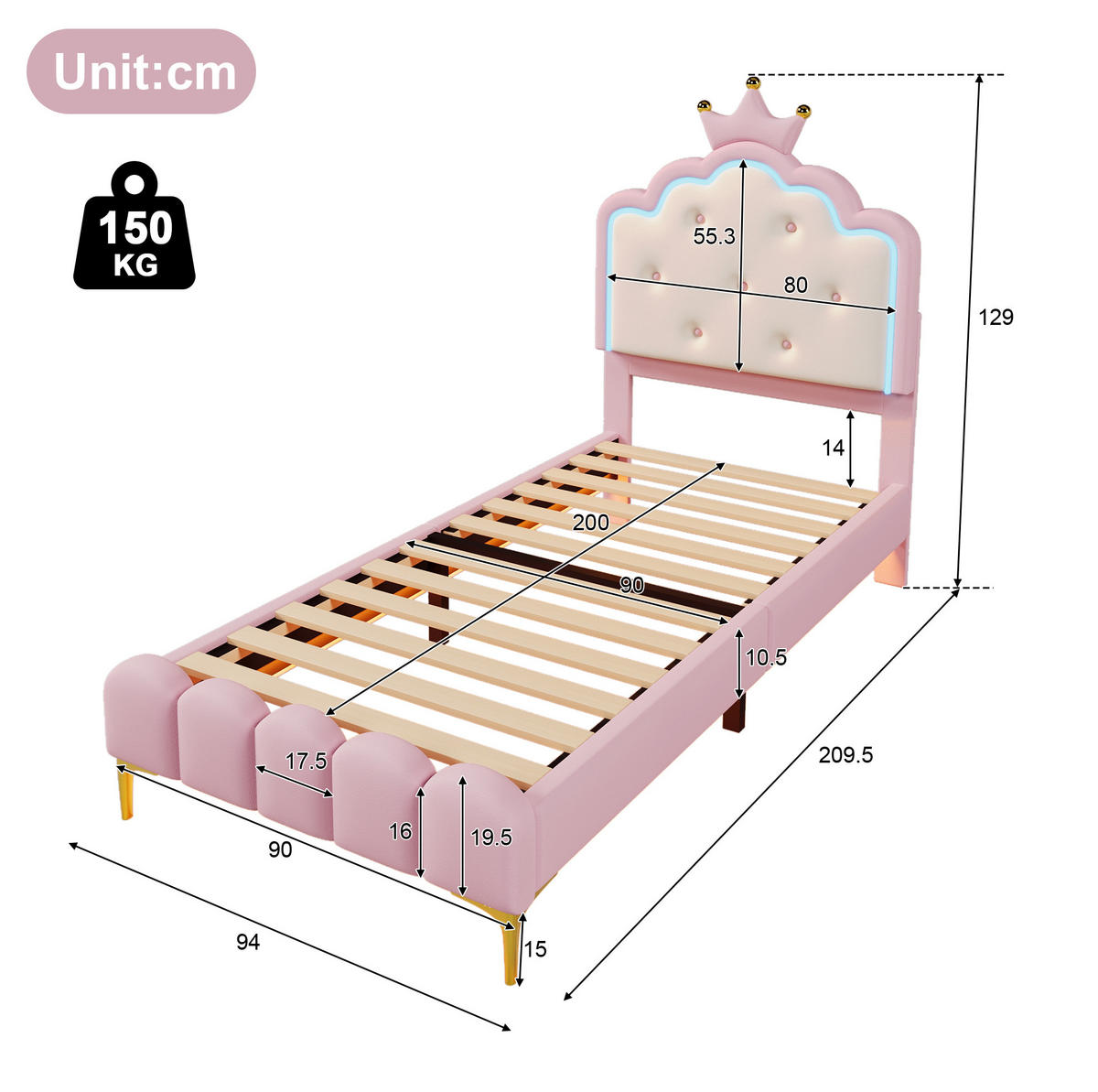 POLSTERBETT 90/200 cm aus PU mit LED-Ambientebeleuchtung Rosa - Pink, Kunststoff (90/200cm) - Modenvie
