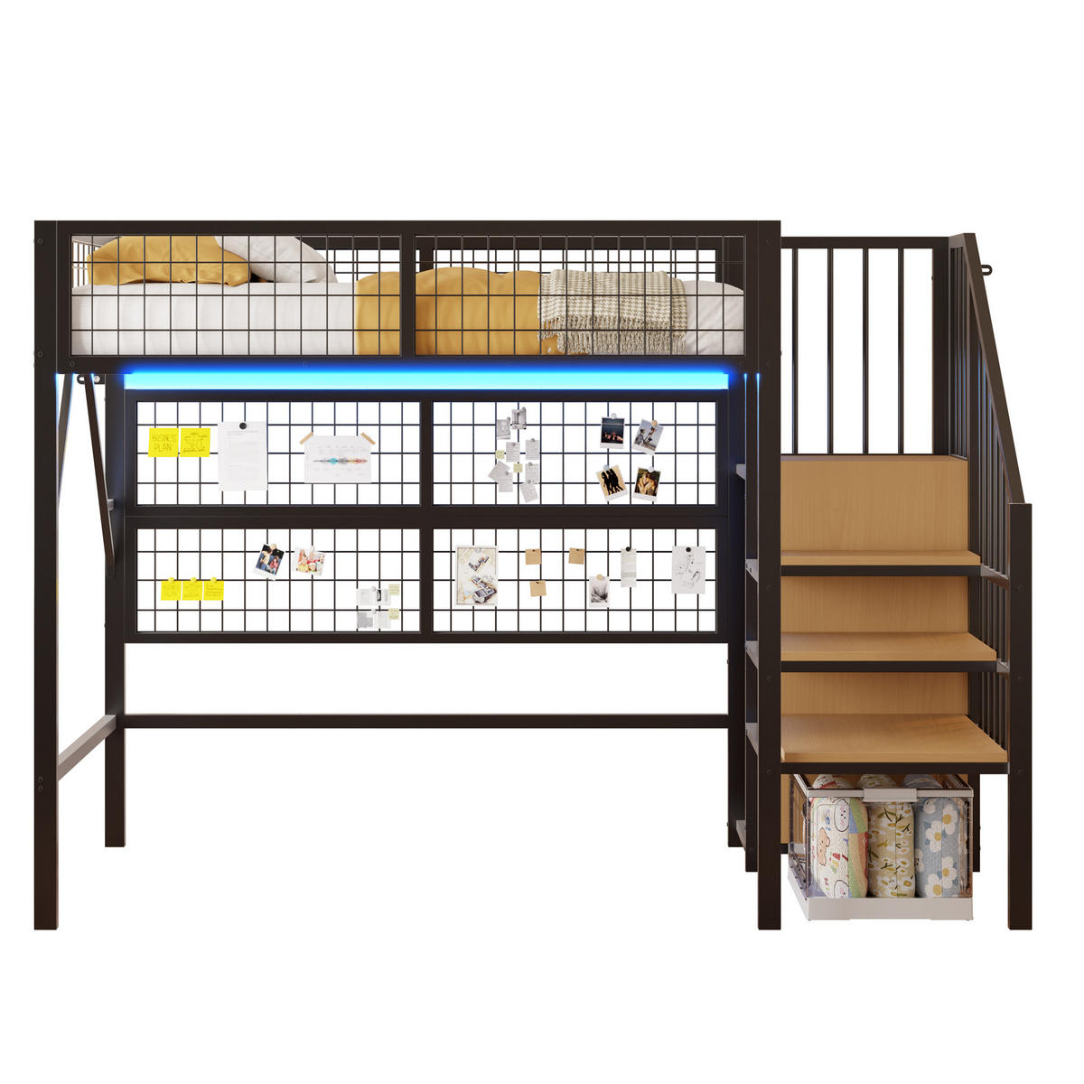 HOCHBETT 90/200 cm Schwarz Metall mit LED-Beleuchtung und Stauraumtreppe - Schwarz, Metall (90/200cm) - OKWISH