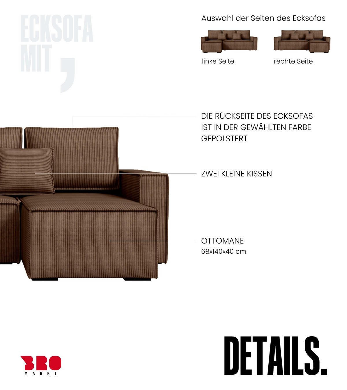 ECKSOFA Dexter mit Schlaffunktion Braun Cord - Braun, Textil (238/141cm) - Bromarkt