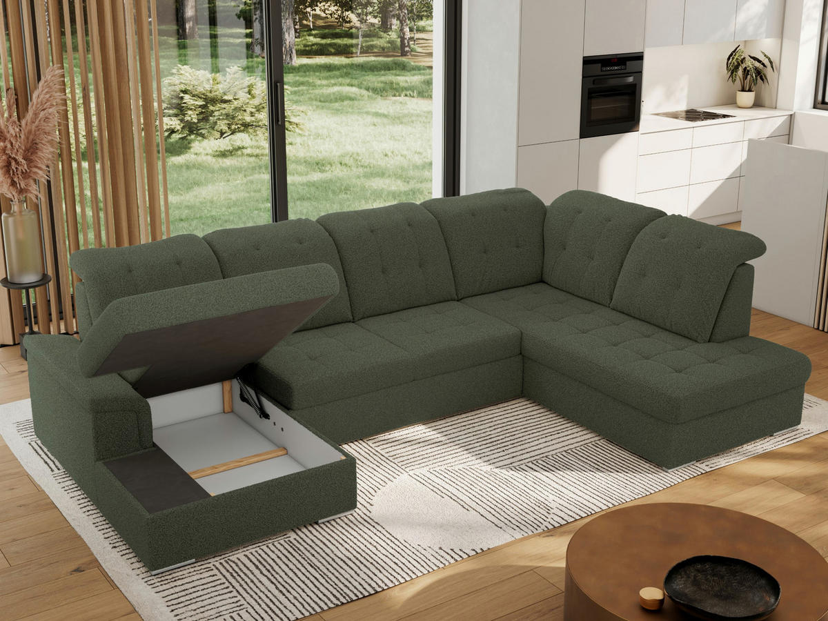 WOHNLANDSCHAFT MADRITO U - Grün Boucle - Rechts - Silberfarben/Grün, Textil/Metall (323/89/204cm) - MKS